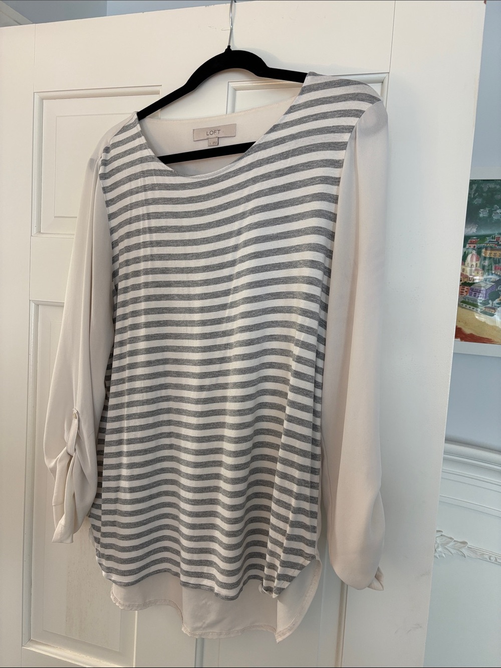 LOFT Women's Striped Gray & Cream Long-Sleeve Top - Size L